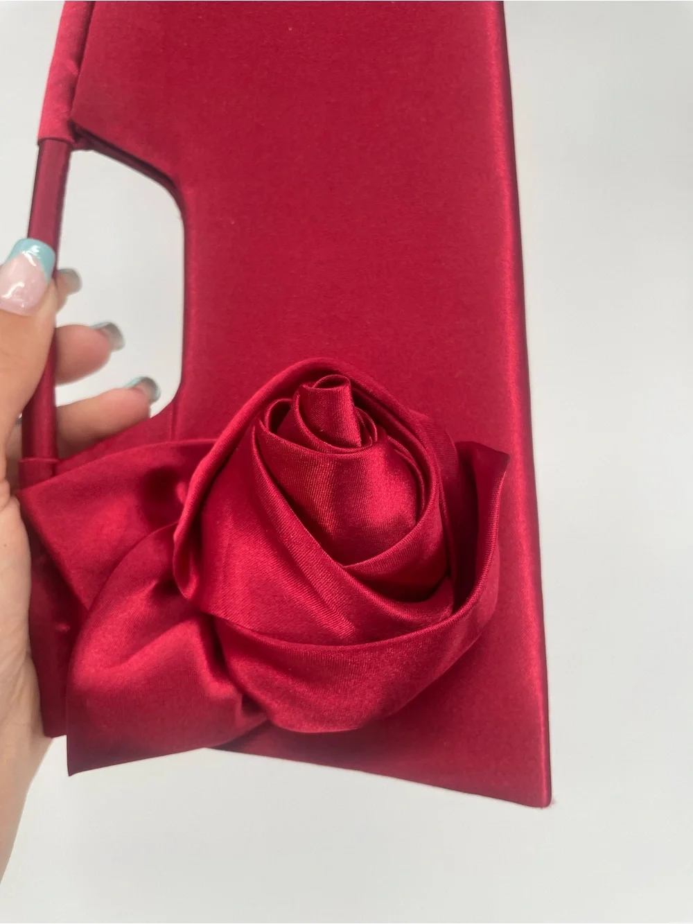 Y2K Red Satin Rosette Small Evening Bag Clutch Snap Close Formal Handbag